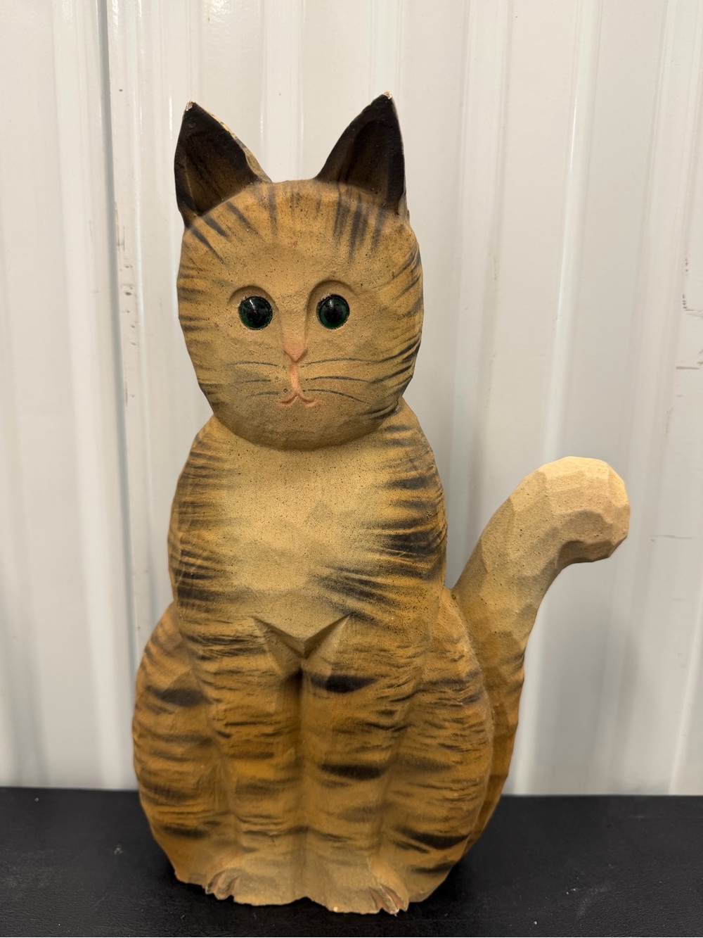 Wooden Tabby Cat Figurine - Tan